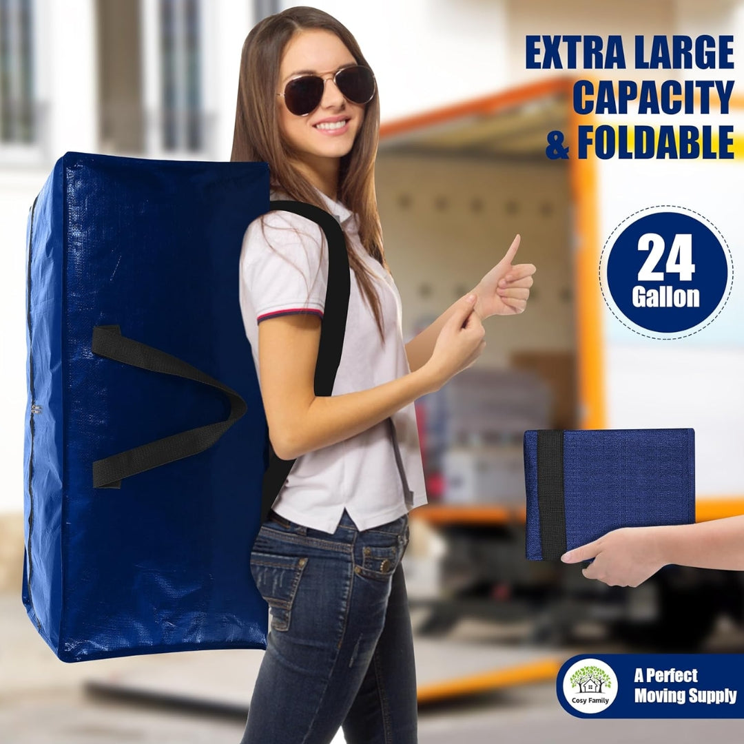 Cosy Family 4 Pack Heavy Duty Extra Large Moving Bags with Backpack Straps - Strong Handles & Zippers, Storage Totes For Space Saving, Fold Flat, Alternative to Moving Box