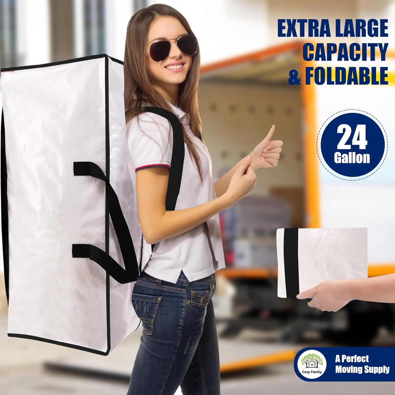 Cosy Family 4 Pack Heavy Duty Extra Large Moving Bags with Backpack Straps - Strong Handles & Zippers, Storage Totes For Space Saving, Fold Flat, Alternative to Moving Box